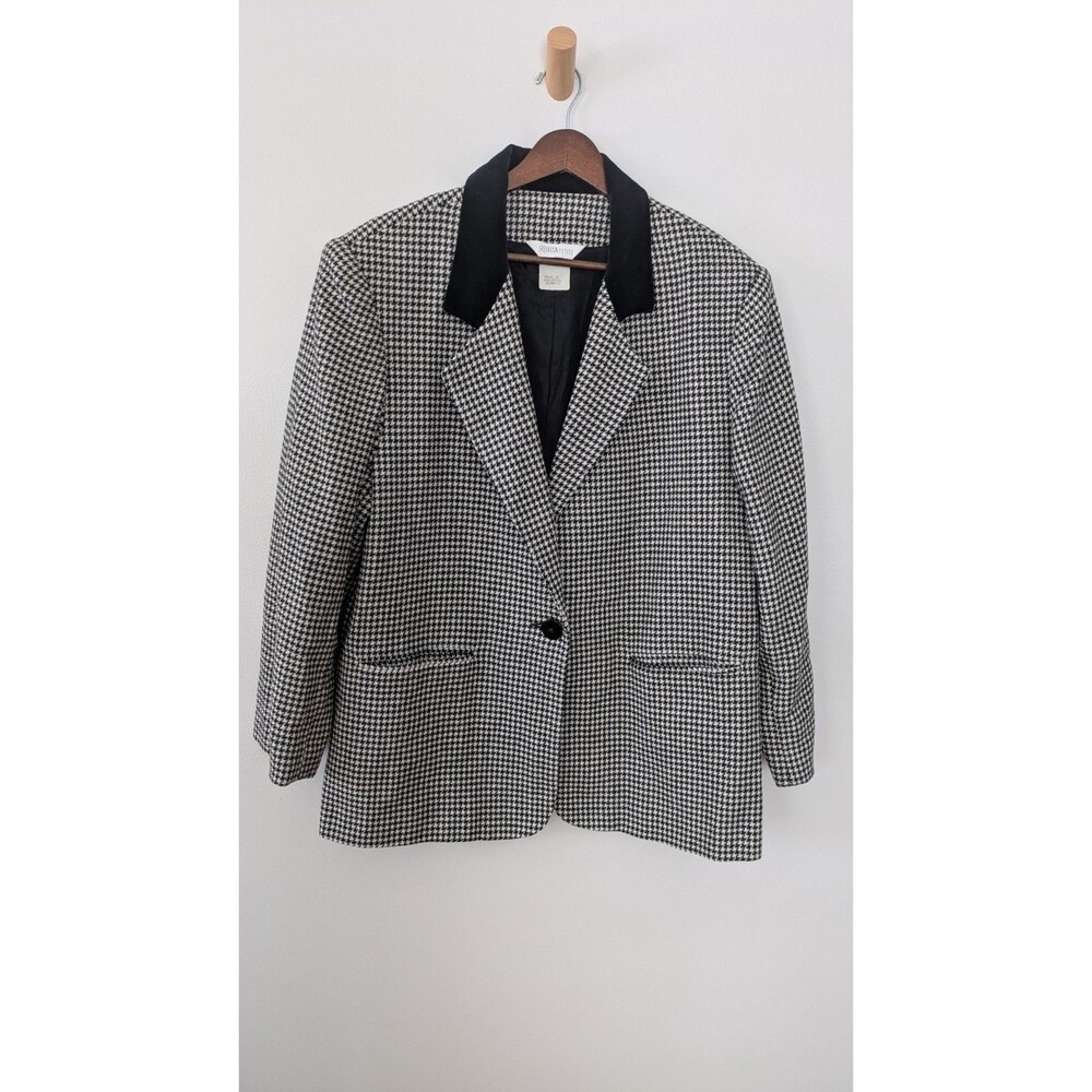 Vintage Womens Wool Blend Blazer 14P Houndstooth Velvet Collar Old Money Preppy
